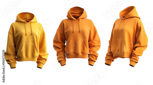 three yellow hoodies in different poses. isolated on a transparent background