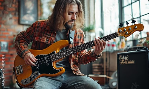 Musician playing a yellow bass guitar in a cozy indoor setting. photo