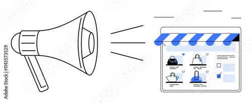 Digital marketing megaphone amplifying on-screen online store with various products. Ideal for advertising, e-commerce, digital marketing, promotions, web development, online shopping, and business