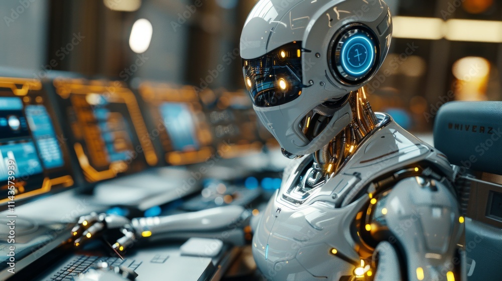 White robot with glowing yellow lights and blue visor uses a keyboard. AI generative. . White robot with glowing yellow lights and blue visor uses a keyboard. AI generative. .