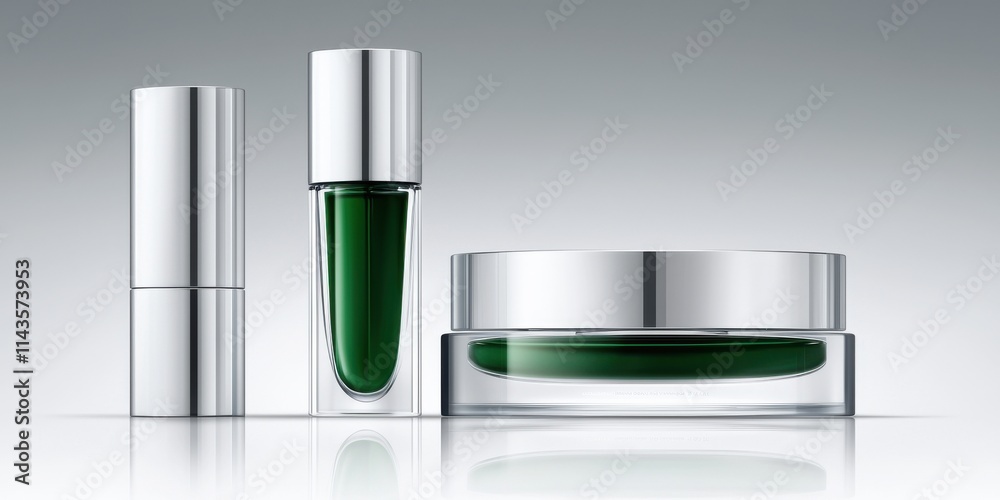 A modern display of green cosmetics in sleek packaging, featuring a tube, a vial, and a jar against a minimalist background. A modern display of green cosmetics in sleek packaging, featuring a tube, a vial, and a jar against a minimalist background.
