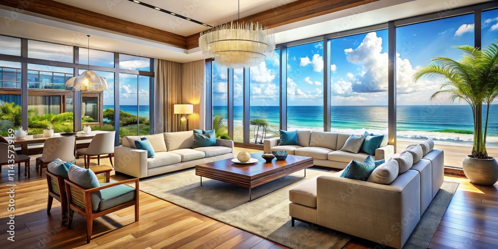 Coastal luxury: Miniature beachfront living room, ocean views, exquisite home decor. Coastal luxury: Miniature beachfront living room, ocean views, exquisite home decor.