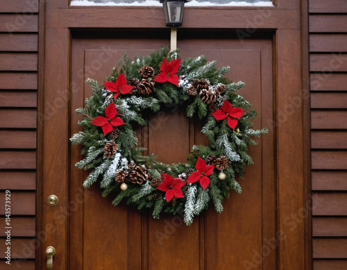 Festive holiday wreath adorned with red bow and ornaments hanging on a wooden door during. AI Generative