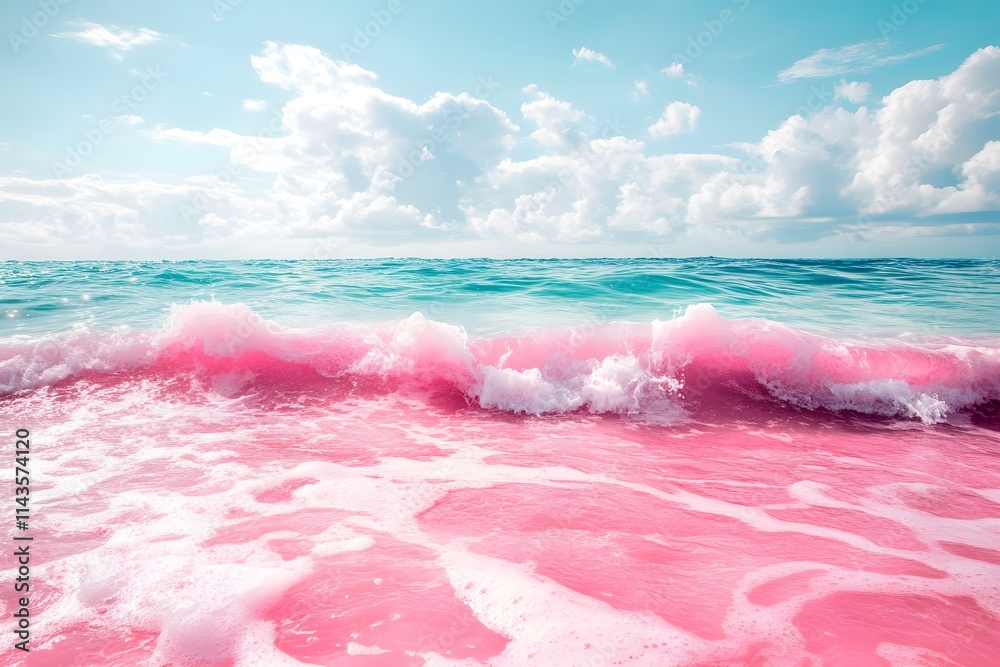 Fototapeta premium Pink Wave Beach and Teal Ocean Under Partly Cloudy Sky
