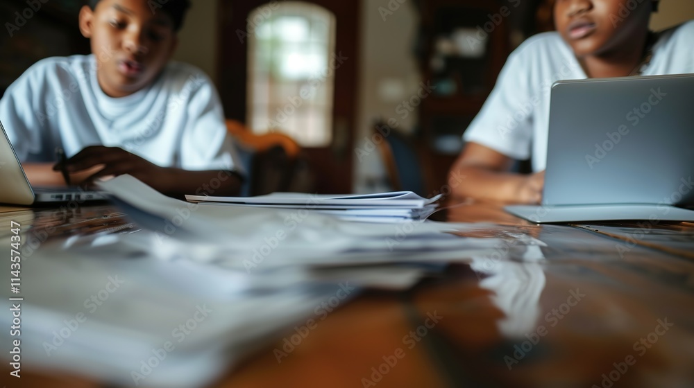 Two friends engaged in deep conversation over research papers and open laptops on a wooden table, collaborative study and academic discussion concept. Two friends engaged in deep conversation over research papers and open laptops on a wooden table, collaborative study and academic discussion concept.
