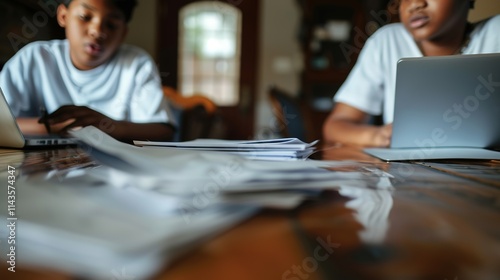 Two friends engaged in deep conversation over research papers and open laptops on a wooden table, collaborative study and academic discussion concept. photo