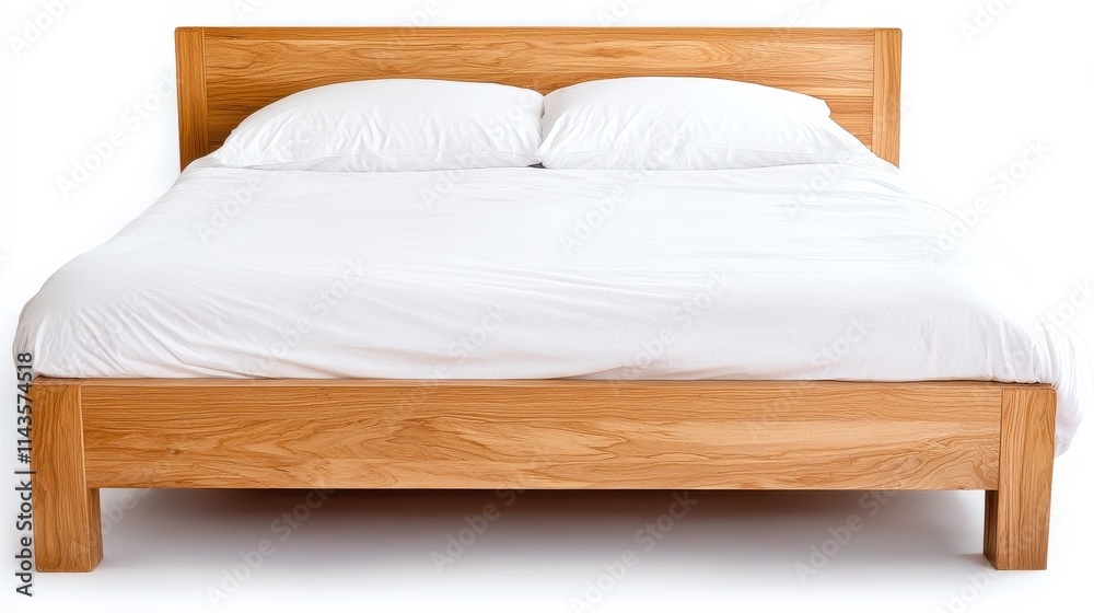 A simple wooden bed frame with a white mattress and pillows, exuding a clean, minimalist aesthetic. A simple wooden bed frame with a white mattress and pillows, exuding a clean, minimalist aesthetic.