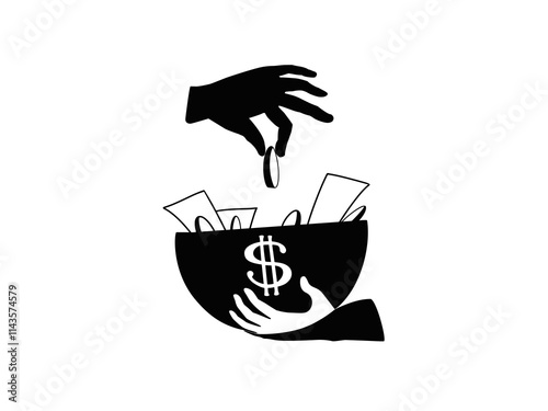 Silhouette symbolic vector illustration of generosity: a hand drops a coin into a bowl filled with money, representing acts of donation and kindness, encouraging support and care for those in need.