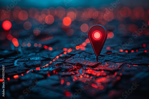 A red glowing location pin stands out against a blue background, surrounded by red bokeh. AI generative. .