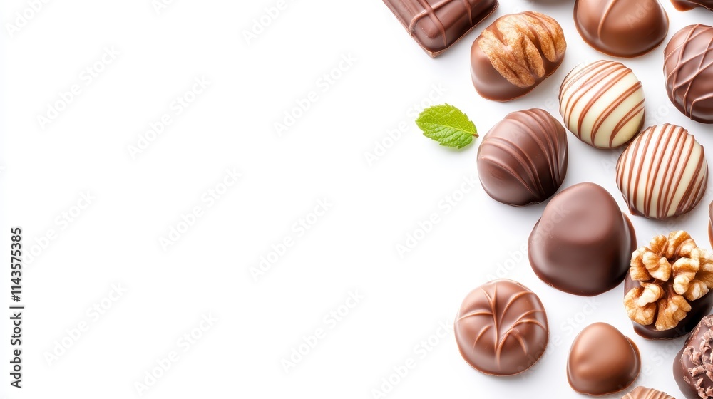 A variety of assorted chocolates arranged artfully, showcasing different shapes, textures, and finishes, with a fresh mint leaf adding a touch of color. A variety of assorted chocolates arranged artfully, showcasing different shapes, textures, and finishes, with a fresh mint leaf adding a touch of color.