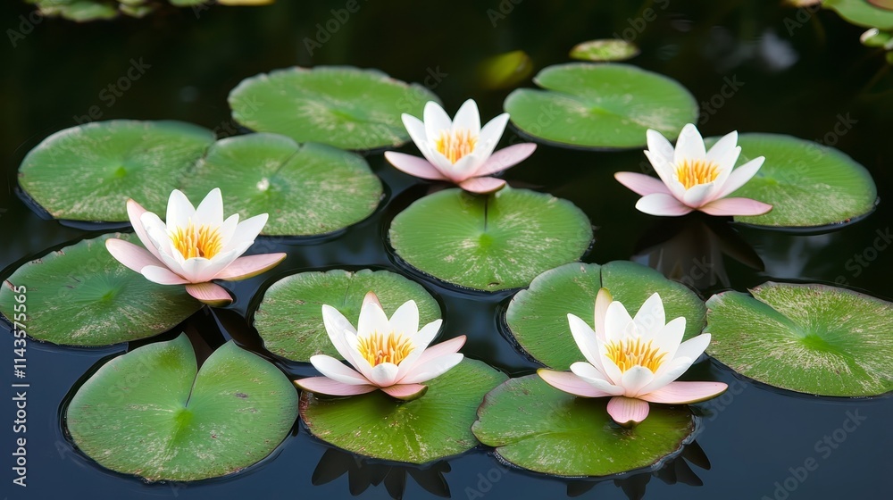 A serene pond scene featuring blooming water lilies on lush green lily pads, reflecting tranquility and natural beauty. A serene pond scene featuring blooming water lilies on lush green lily pads, reflecting tranquility and natural beauty.