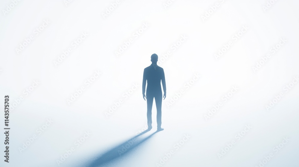 Solitary Businessman Standing in Foggy Light, Minimalist Concept Solitary Businessman Standing in Foggy Light, Minimalist Concept
