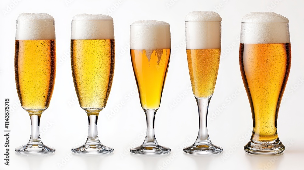 Five elegant glasses of beer filled with golden liquid and frothy tops, showcasing different styles and sizes. Five elegant glasses of beer filled with golden liquid and frothy tops, showcasing different styles and sizes.