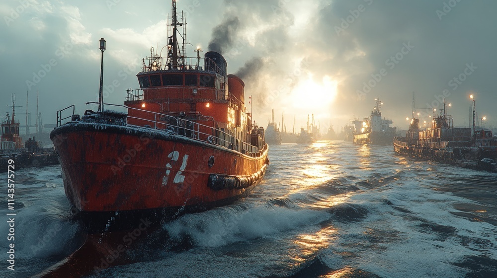 Obraz premium Rusty tugboat sails past industrial harbor at sunset.
