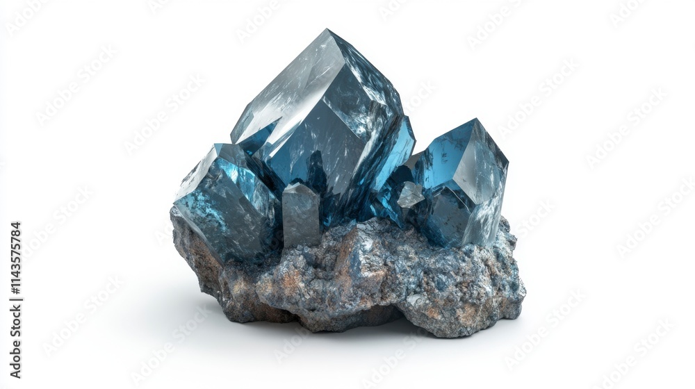 Stunning Blue Topaz Crystal Cluster on Rough Rock - 3D Render Stunning Blue Topaz Crystal Cluster on Rough Rock - 3D Render