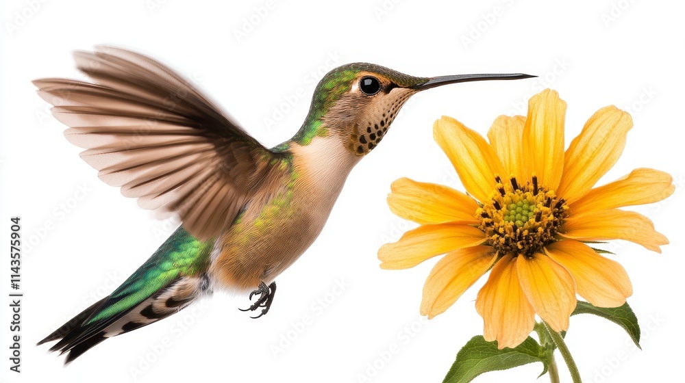 Obraz premium A vibrant hummingbird hovers near a bright yellow flower, showcasing nature's beauty and the relationship between pollinators and plants.