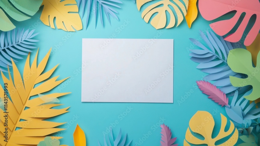 Fototapeta premium Pastel Paper Tropical Leaves Frame with Copy Space