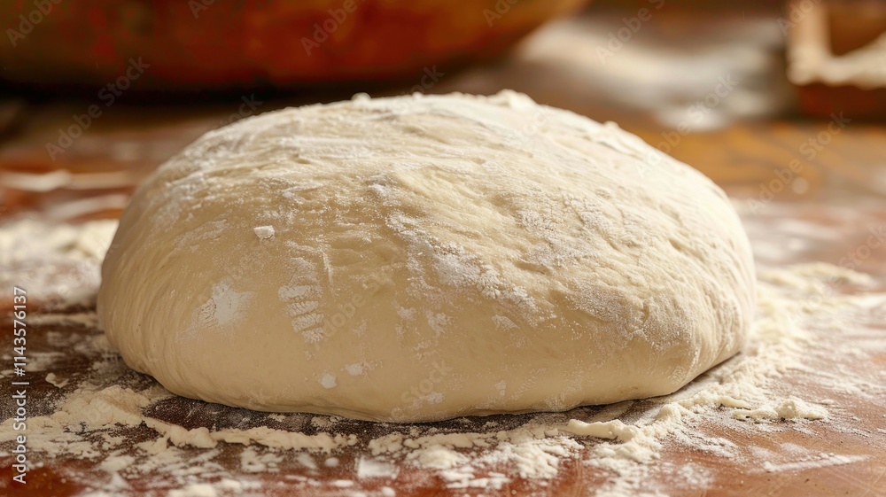 Rustic bread dough, floured surface, visible texture, rich warmth, artisanal bakery ambiance, soft focus on surface details Rustic bread dough, floured surface, visible texture, rich warmth, artisanal bakery ambiance, soft focus on surface details