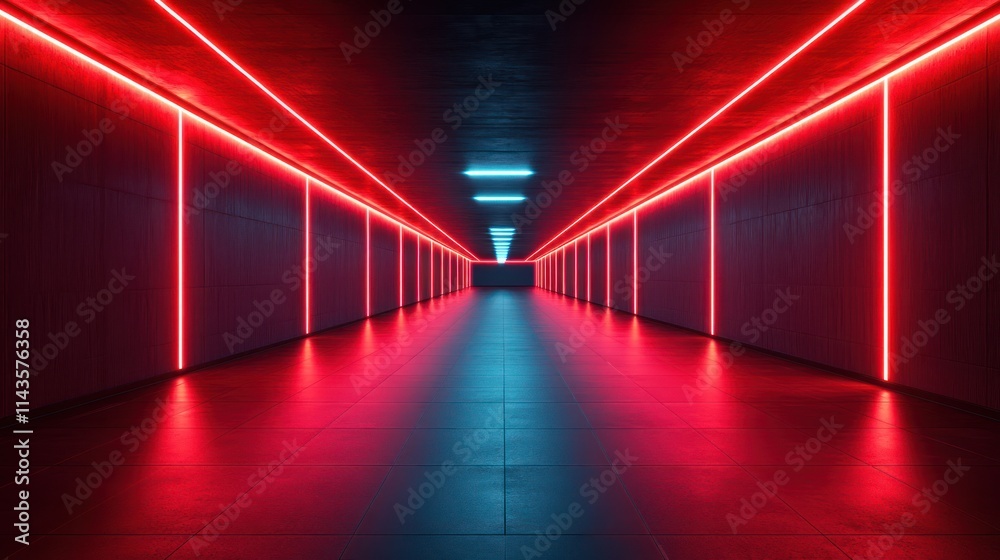 A long, dark corridor with glowing red and blue neon lights on the walls. A long, dark corridor with glowing red and blue neon lights on the walls.