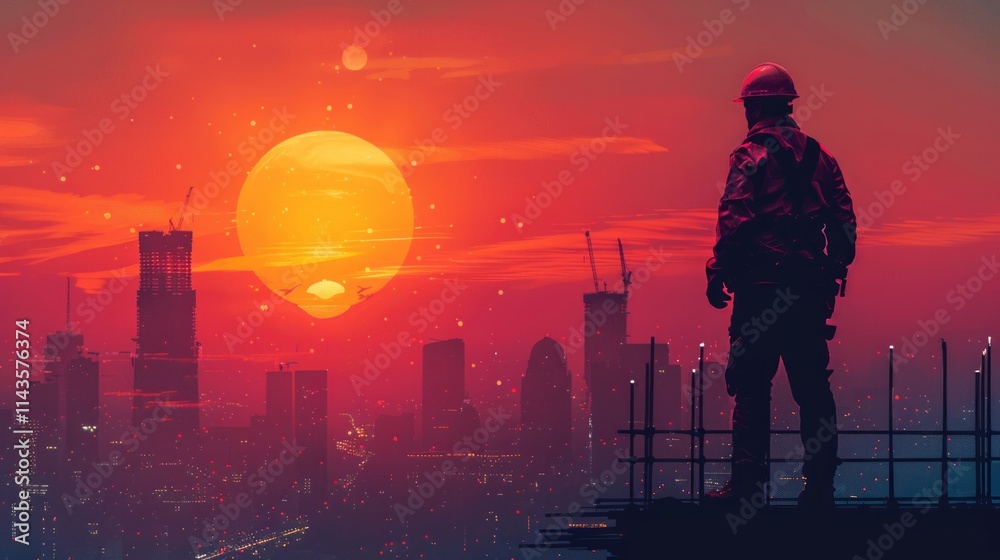 custom made wallpaper toronto digitalSilhouette of a construction worker looking out at a city skyline with a large, yellow sun in the sky. AI generative. .