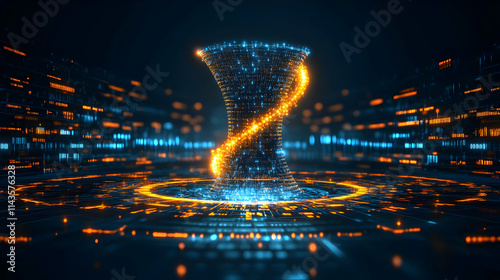 Abstract digital spiral energy vortex glowing in futuristic city.