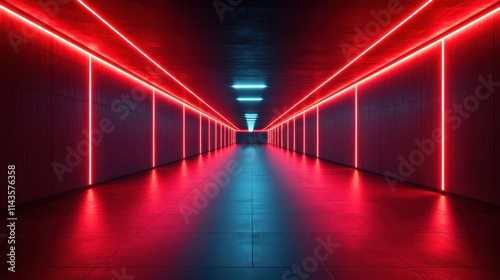 A long, dark corridor with glowing red and blue neon lights on the walls.