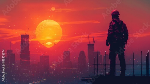 Wallpaper Mural Silhouette of a construction worker looking out at a city skyline with a large, yellow sun in the sky. AI generative. . Torontodigital.ca