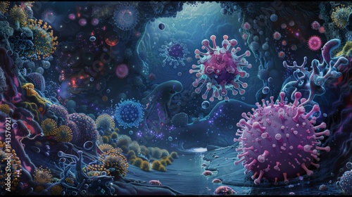A microscopic world of glowing, vibrant, colorful viruses with intricate patterns. AI generative. .