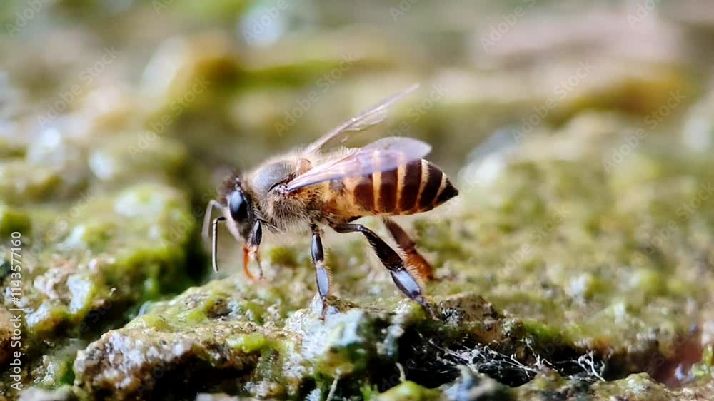 A honey bee was perched on the wet moss to collect nectar A honey bee was perched on the wet moss to collect nectar