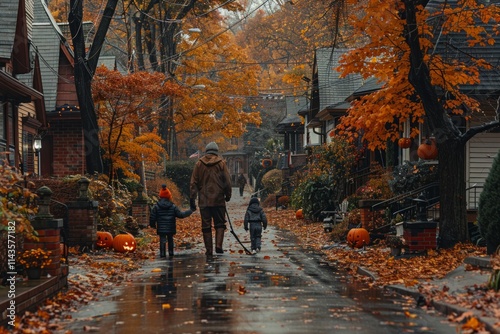 Wallpaper Mural Family walks down a rain-soaked street lined with fall foliage and jack-o-lanterns. AI generative. . Torontodigital.ca