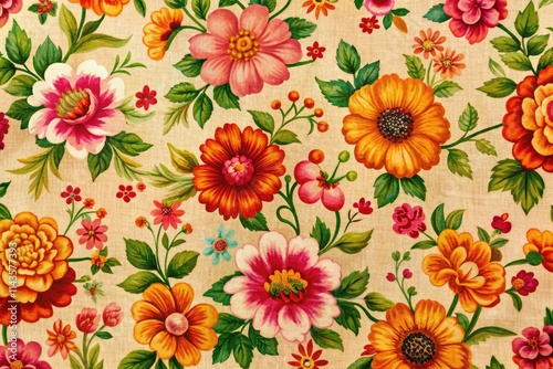 Retro Floral Pattern Beige Background Pink Orange Green Red Flowers AI Art Print