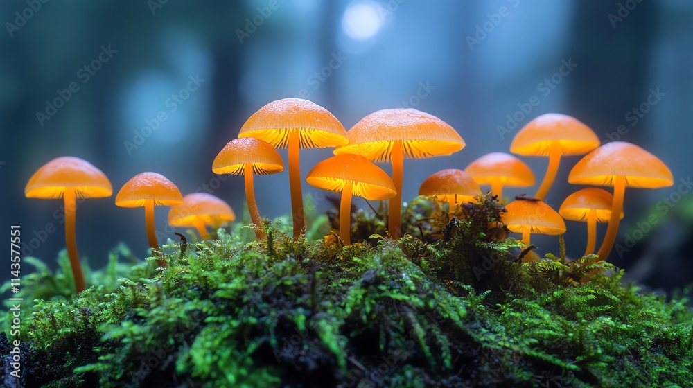 Fototapeta premium Glowing orange mushrooms emerge from lush green moss in a misty forest setting.
