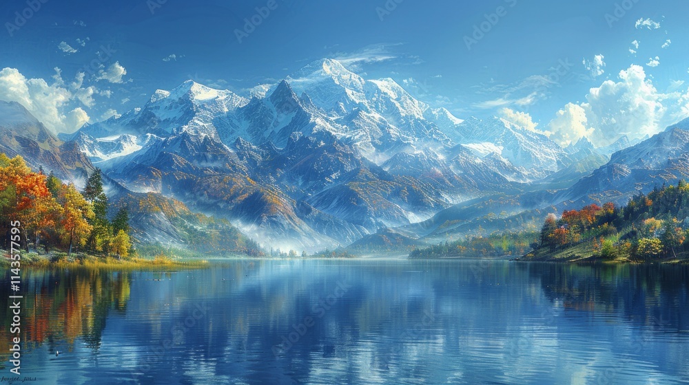 Fototapeta premium Snow capped mountains reflect in a still blue lake, surrounded by trees. AI generative. .