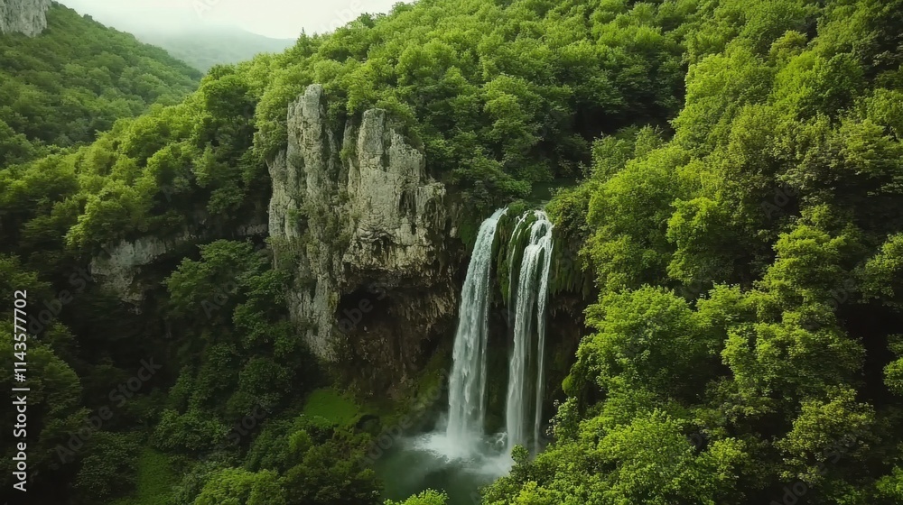Aerial view of waterfall in green forest Aerial view of waterfall in green forest