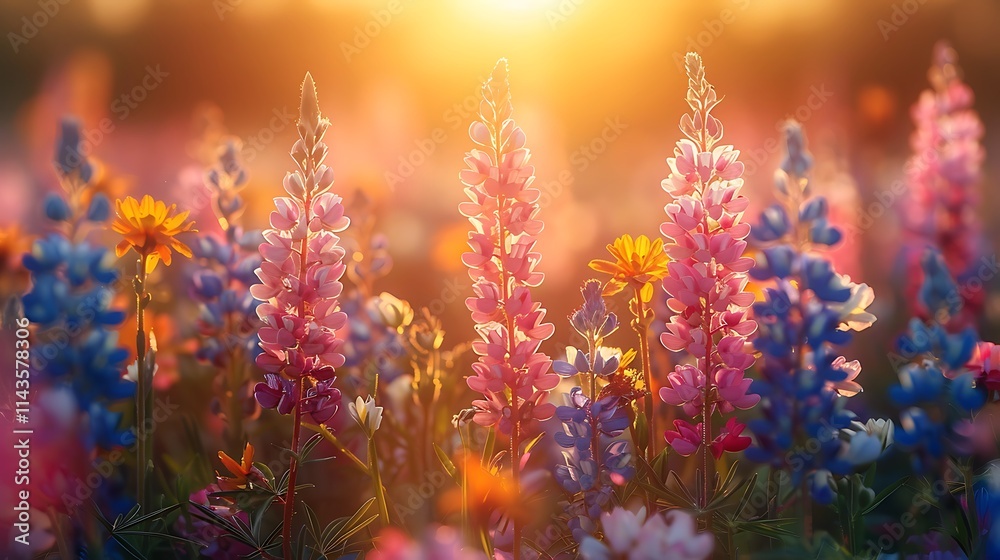 Obraz premium Wildflowers in a meadow at sunset, macro shot with shallow depth of field. Abstract summer nature background. 