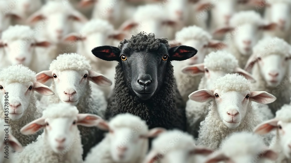 Obraz premium A lone black sheep standing proudly amidst a sea of identical white sheep symbolizing the power of individuality nonconformity and the courage to stand out from the crowd