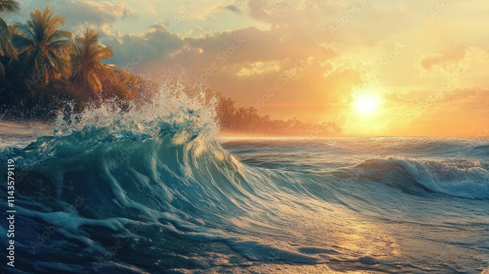 Ocean Wave Crashing at Sunset with Palm Trees in the Background