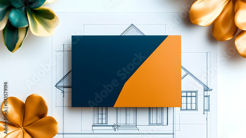 Blank business card mockup on house blueprints with flowers.