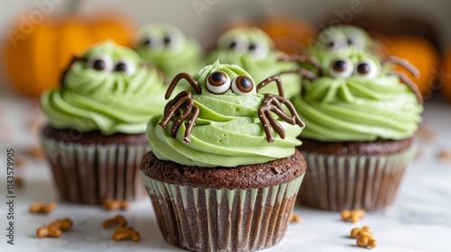 Chocolate cupcakes with green frosting and chocolate spider legs, with googly eyes, on a white surface. AI generative. . photo