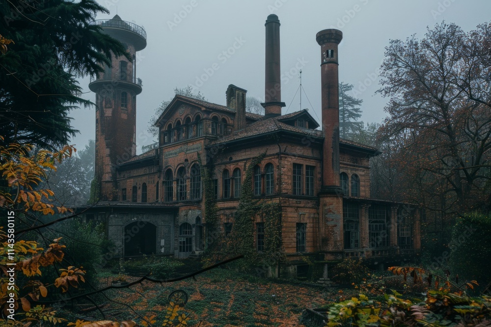 Fototapeta premium A brick building with ivy growing on it, two tall chimneys, and a tower in the background. AI generative. .