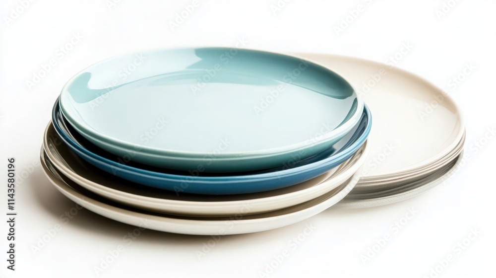 Two stacks of light blue ceramic plates arranged on a plain white background Two stacks of light blue ceramic plates arranged on a plain white background