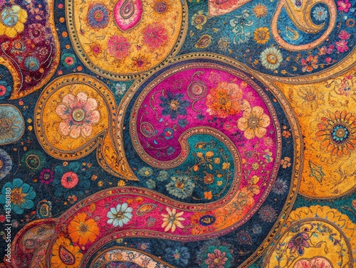 A vibrant paisley pattern featuring floral designs in rich colors. photo