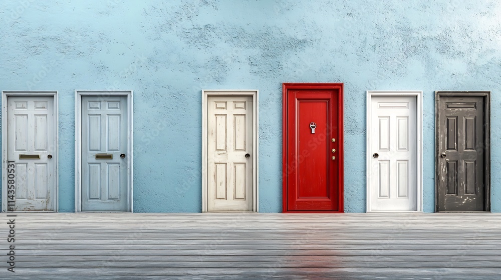A striking red door that stands out among a row of dull gray doors symbolizing the opportunity for individuality change and bold choices in life A striking red door that stands out among a row of dull gray doors symbolizing the opportunity for individuality change and bold choices in life