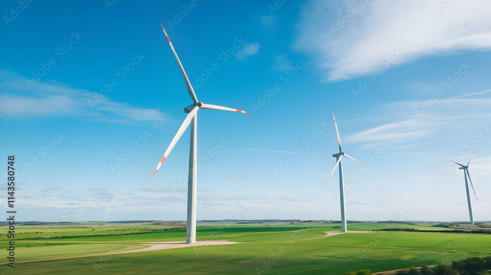 Wind turbines in a green landscape under sky. Wind turbines in a green landscape under sky.
