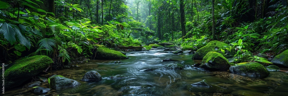Fototapeta premium A tranquil stream flows through a lush green jungle, with mossy rocks lining its banks. AI generative. .