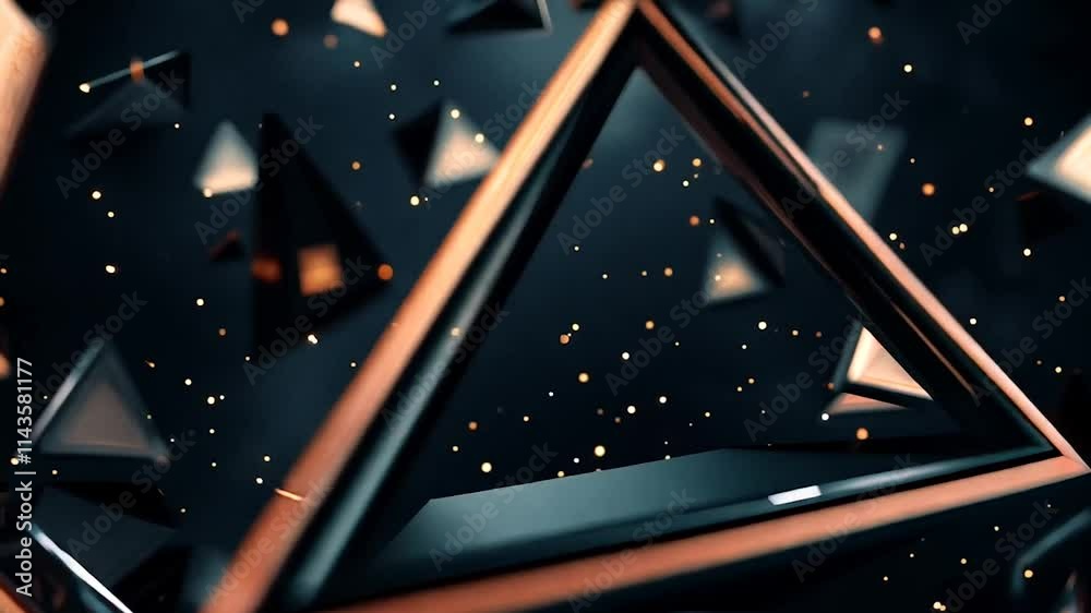 A digital abstract composition showcasing floating triangular structures with glowing edges, surrounded by scattered particles in a dark space