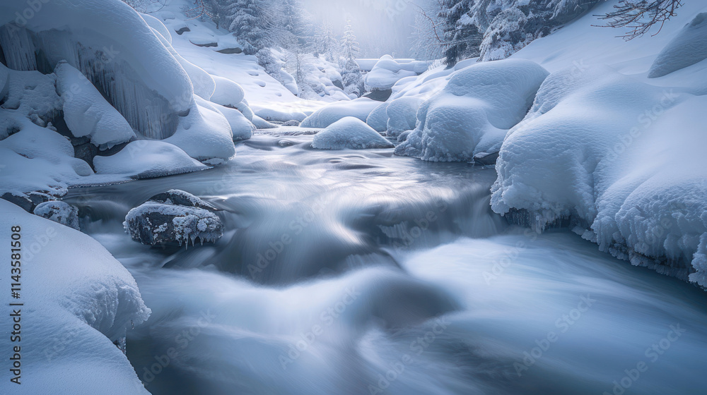 Small winter stream surrounded by snowy banks, soft light creating a peaceful and quiet atmosphere