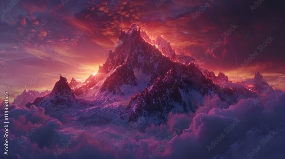 Fototapeta premium A majestic mountain range with snow-capped peaks, bathed in an ethereal pink and orange light. AI generative. .
