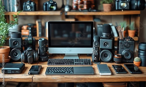 Wallpaper Mural A workspace featuring cameras, a computer, and audio equipment. Torontodigital.ca
