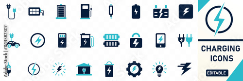 Charging icons set Containing charge, battery, energy, electricity, charger, Solid flat vector icon collection..